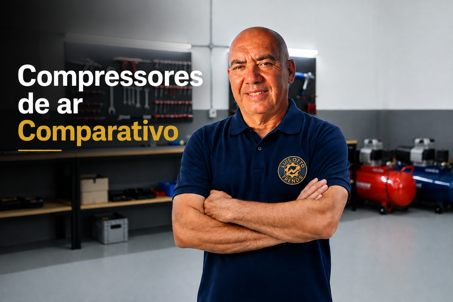Luis Otto, fundador da Otto Trends, ao lado de compressores de ar portáteis e profissionais.